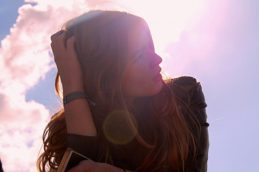 clouds, sunshine, girl, looking, wistfully, stressed, mobile phone