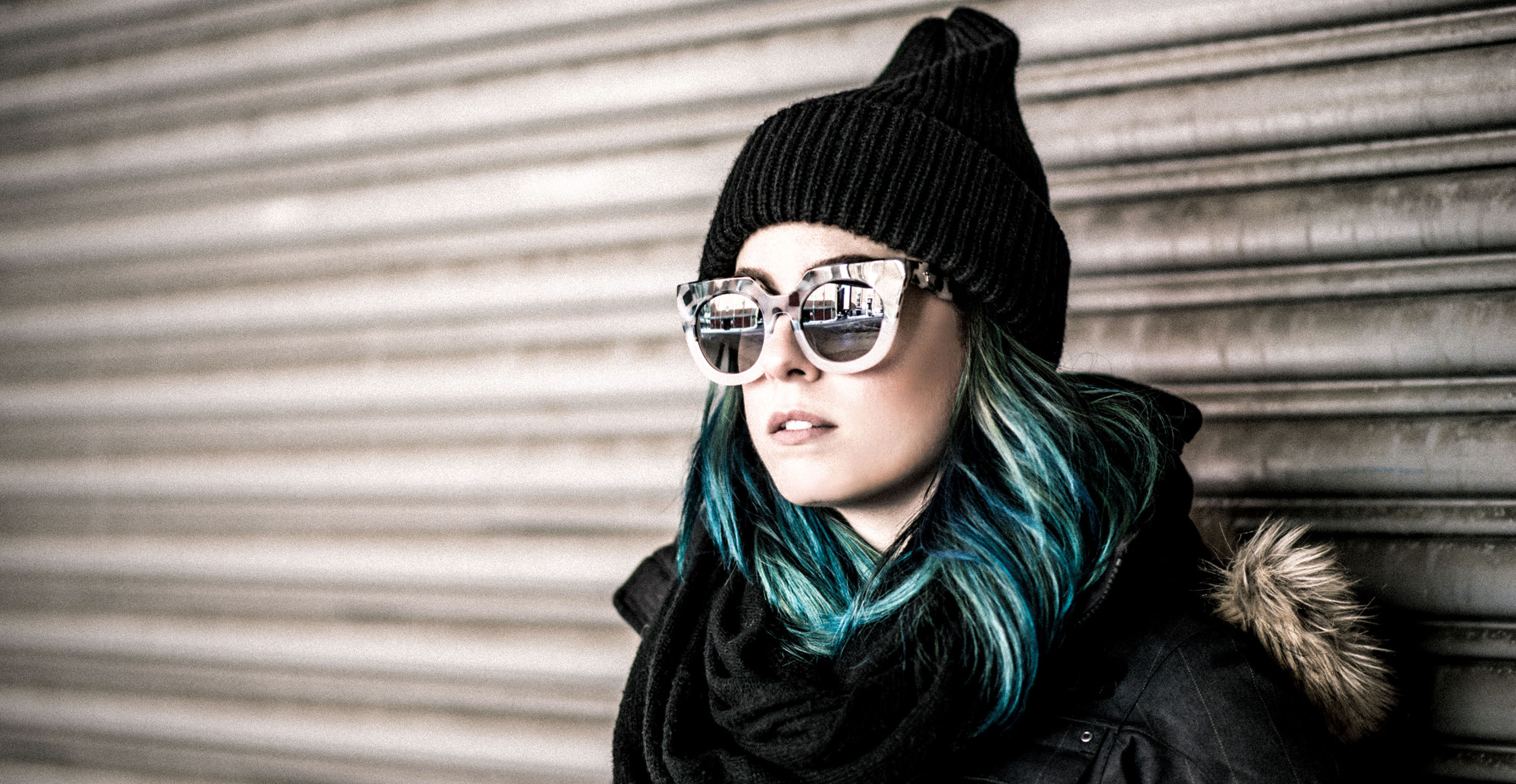 girl, lady, hat, blue, hair, sunglasses, cold, coat, garage door