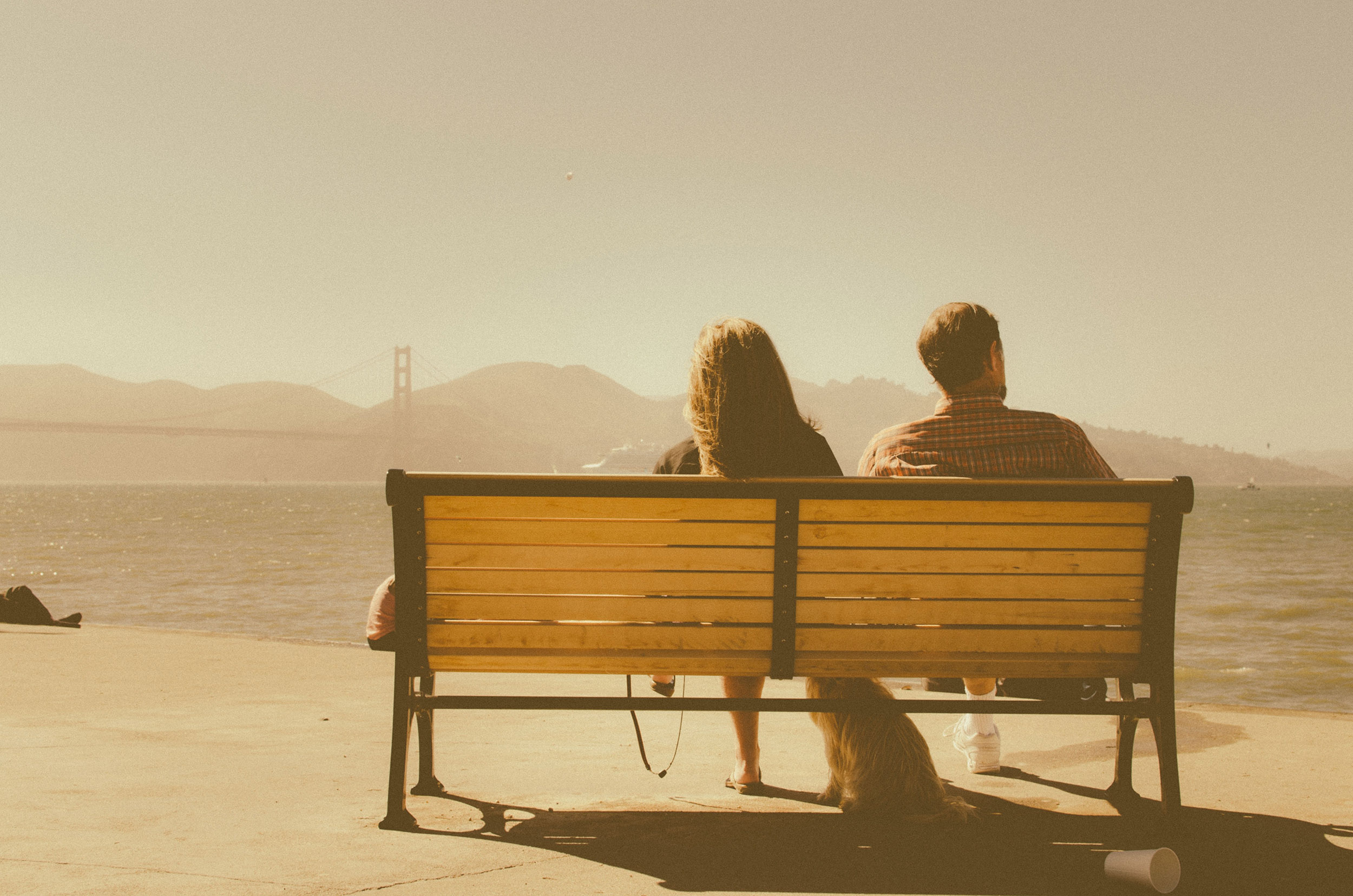 two, people, bench, sunset