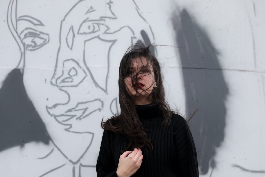 lady, hair, blowing, wind, graffiti