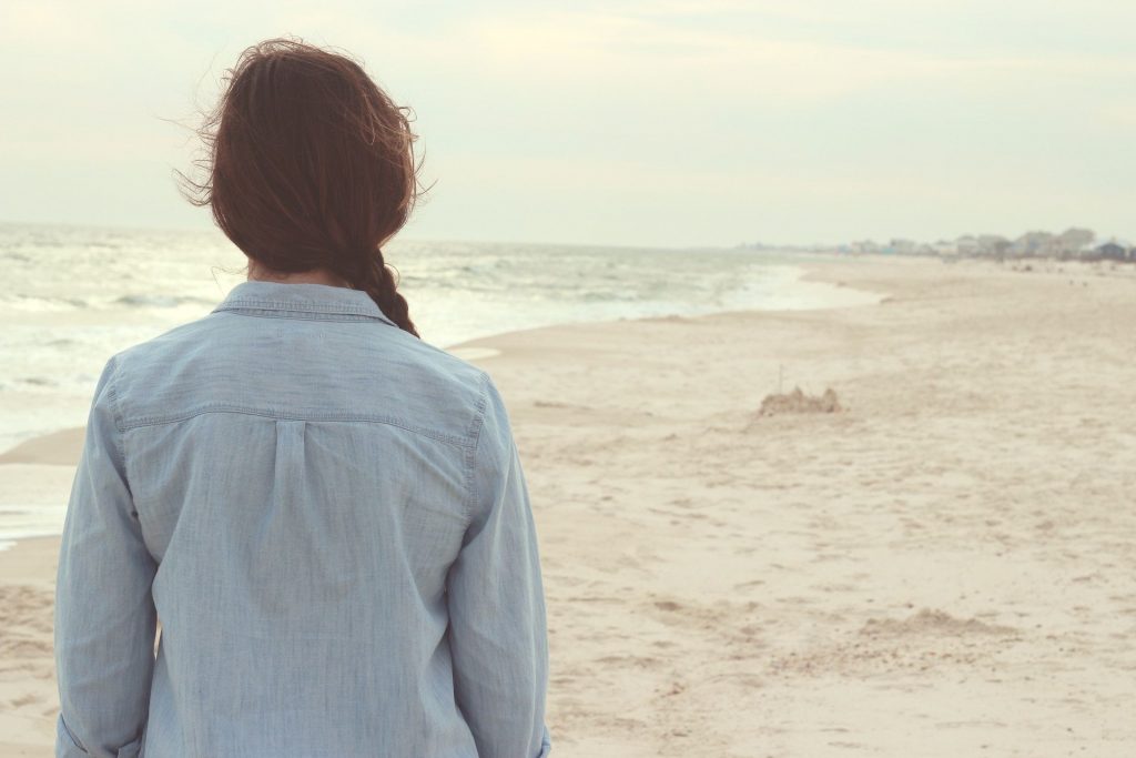 girl, female, lady, beach, view, foggy, blue shirt